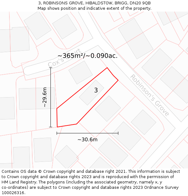 3, ROBINSONS GROVE, HIBALDSTOW, BRIGG, DN20 9QB: Plot and title map