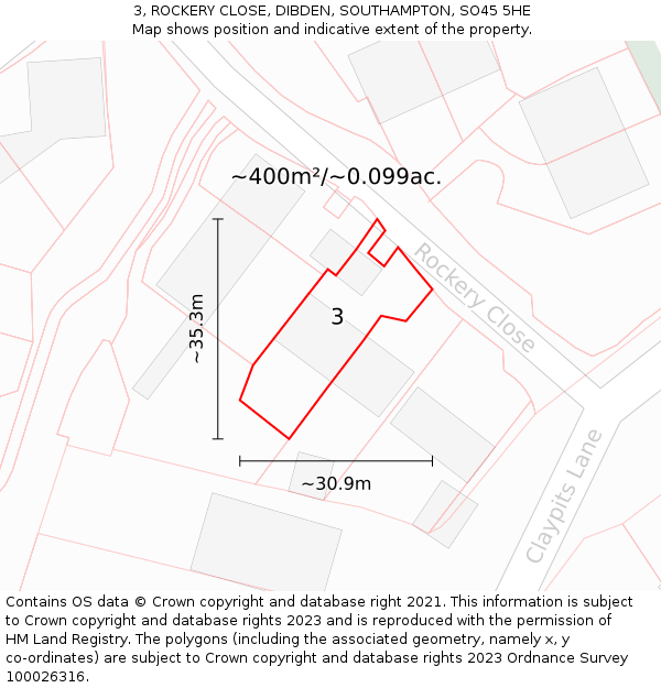 3, ROCKERY CLOSE, DIBDEN, SOUTHAMPTON, SO45 5HE: Plot and title map