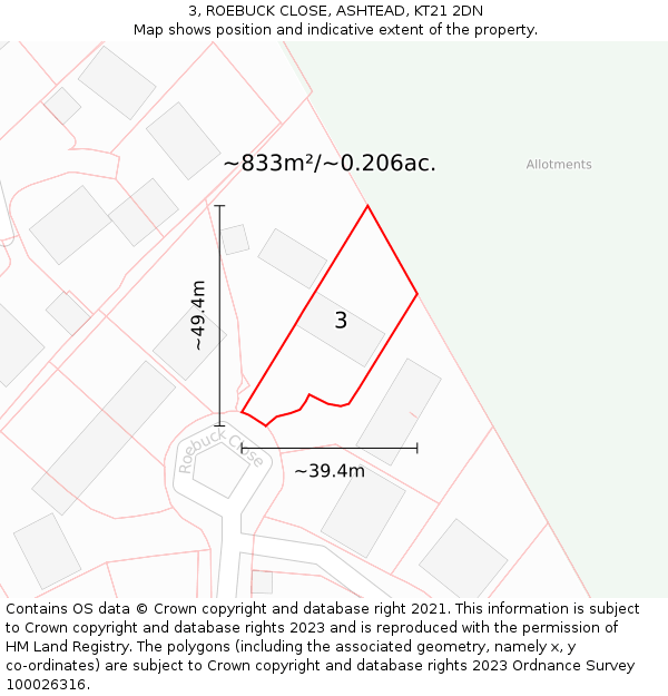 3, ROEBUCK CLOSE, ASHTEAD, KT21 2DN: Plot and title map