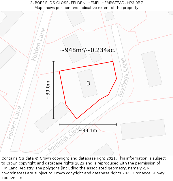 3, ROEFIELDS CLOSE, FELDEN, HEMEL HEMPSTEAD, HP3 0BZ: Plot and title map