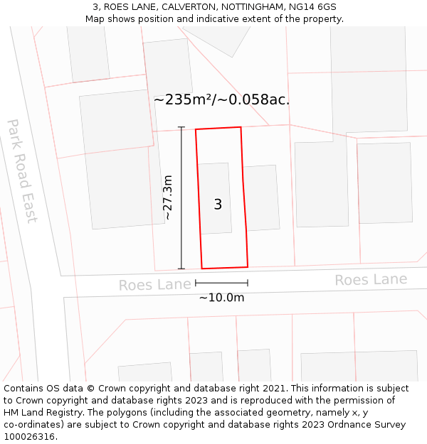 3, ROES LANE, CALVERTON, NOTTINGHAM, NG14 6GS: Plot and title map