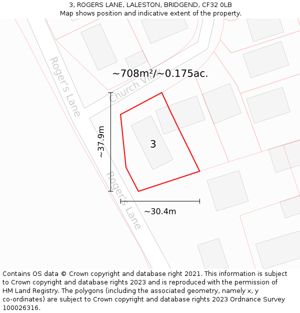 3, ROGERS LANE, LALESTON, BRIDGEND, CF32 0LB: Plot and title map