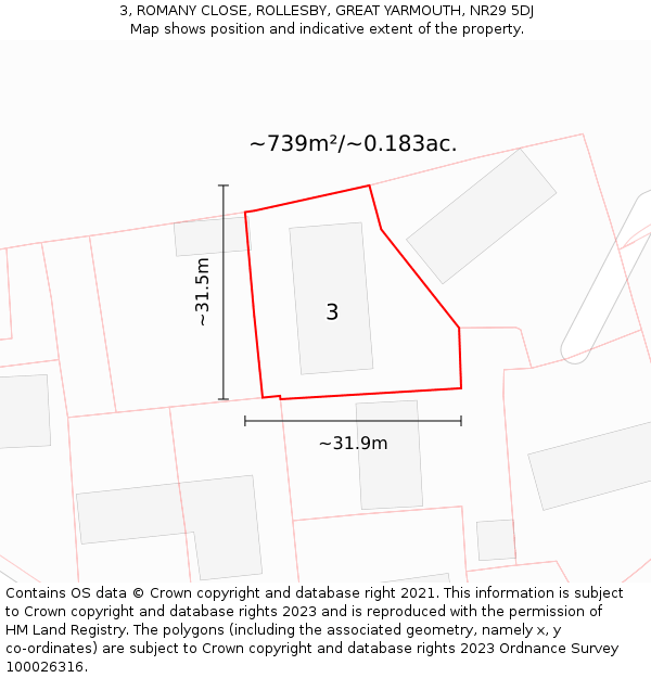 3, ROMANY CLOSE, ROLLESBY, GREAT YARMOUTH, NR29 5DJ: Plot and title map