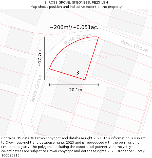 3, ROSE GROVE, SKEGNESS, PE25 1SH: Plot and title map