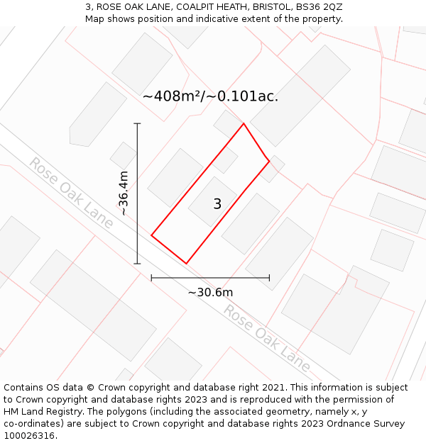 3, ROSE OAK LANE, COALPIT HEATH, BRISTOL, BS36 2QZ: Plot and title map