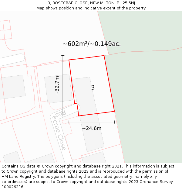 3, ROSECRAE CLOSE, NEW MILTON, BH25 5NJ: Plot and title map