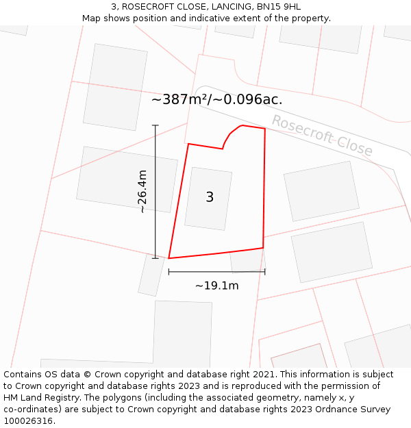 3, ROSECROFT CLOSE, LANCING, BN15 9HL: Plot and title map