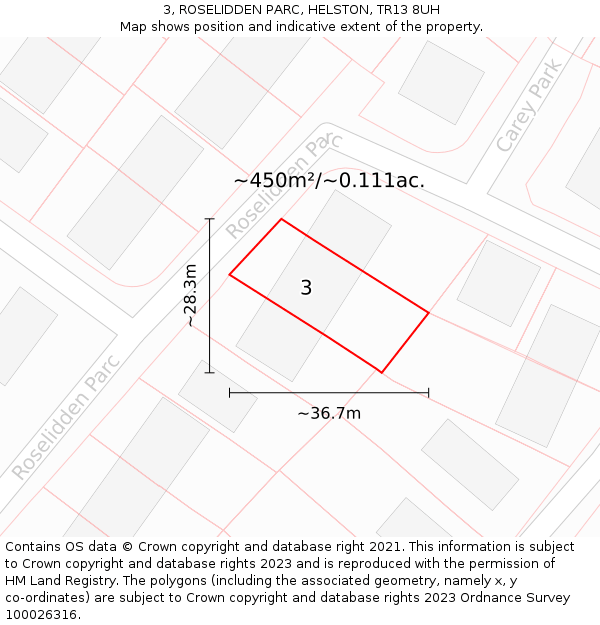 3, ROSELIDDEN PARC, HELSTON, TR13 8UH: Plot and title map