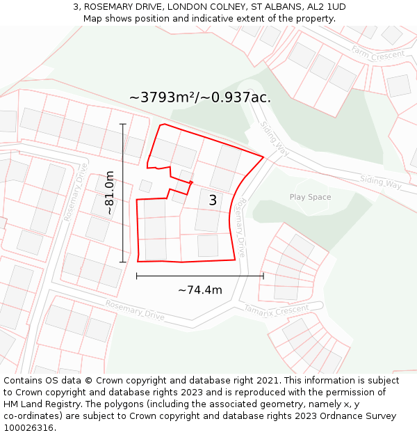 3, ROSEMARY DRIVE, LONDON COLNEY, ST ALBANS, AL2 1UD: Plot and title map