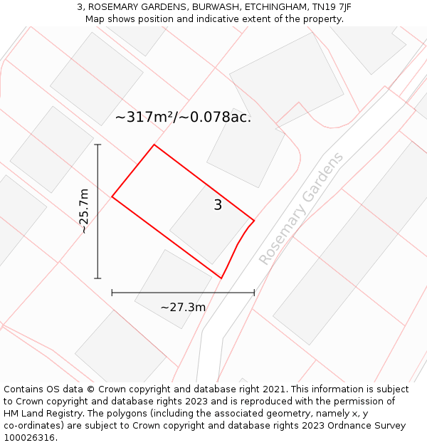 3, ROSEMARY GARDENS, BURWASH, ETCHINGHAM, TN19 7JF: Plot and title map