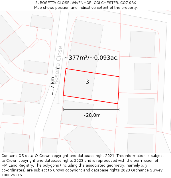 3, ROSETTA CLOSE, WIVENHOE, COLCHESTER, CO7 9RX: Plot and title map
