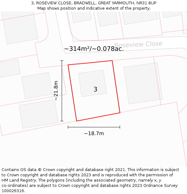 3, ROSEVIEW CLOSE, BRADWELL, GREAT YARMOUTH, NR31 8UP: Plot and title map