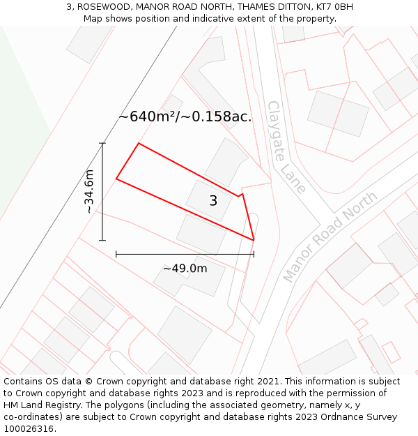 3, ROSEWOOD, MANOR ROAD NORTH, THAMES DITTON, KT7 0BH: Plot and title map