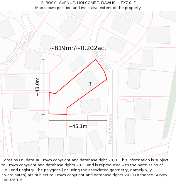 3, ROSYL AVENUE, HOLCOMBE, DAWLISH, EX7 0LE: Plot and title map