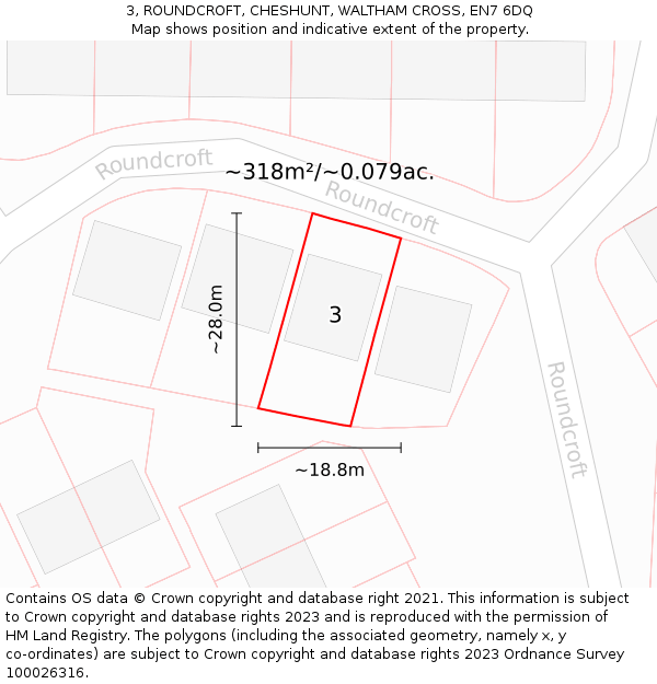 3, ROUNDCROFT, CHESHUNT, WALTHAM CROSS, EN7 6DQ: Plot and title map