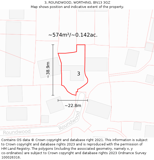 3, ROUNDWOOD, WORTHING, BN13 3GZ: Plot and title map