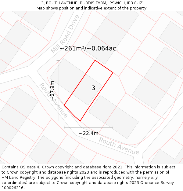 3, ROUTH AVENUE, PURDIS FARM, IPSWICH, IP3 8UZ: Plot and title map
