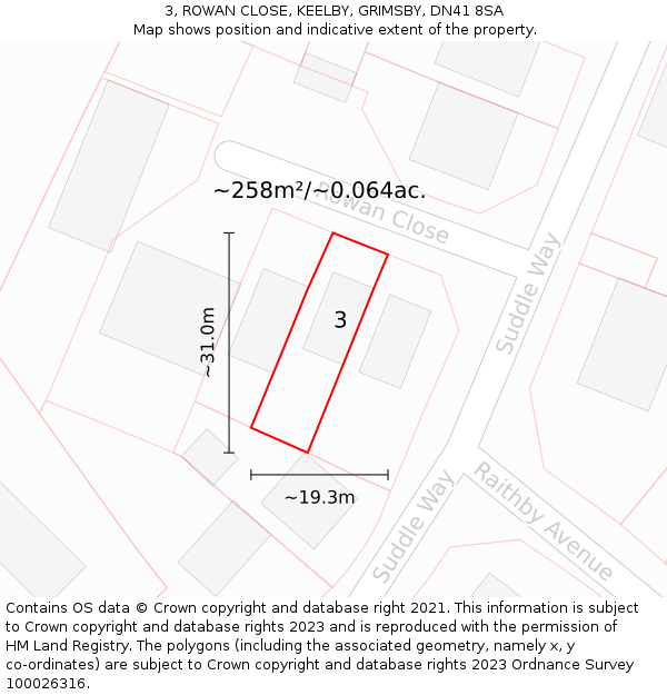 3, ROWAN CLOSE, KEELBY, GRIMSBY, DN41 8SA: Plot and title map