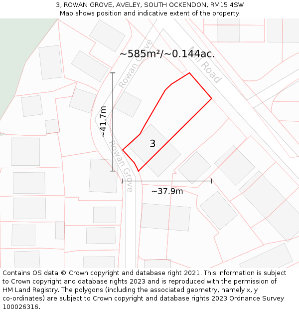 3, ROWAN GROVE, AVELEY, SOUTH OCKENDON, RM15 4SW: Plot and title map