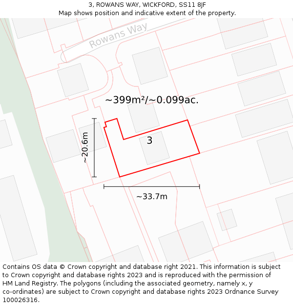 3, ROWANS WAY, WICKFORD, SS11 8JF: Plot and title map