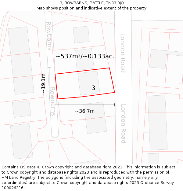 3, ROWBARNS, BATTLE, TN33 0JQ: Plot and title map