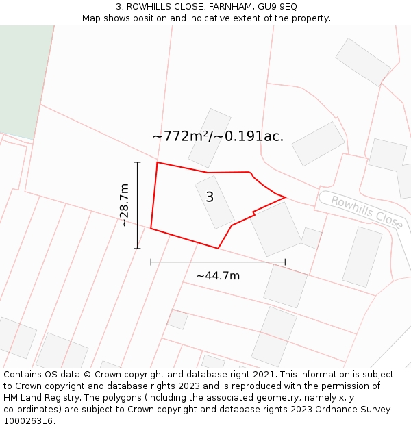 3, ROWHILLS CLOSE, FARNHAM, GU9 9EQ: Plot and title map
