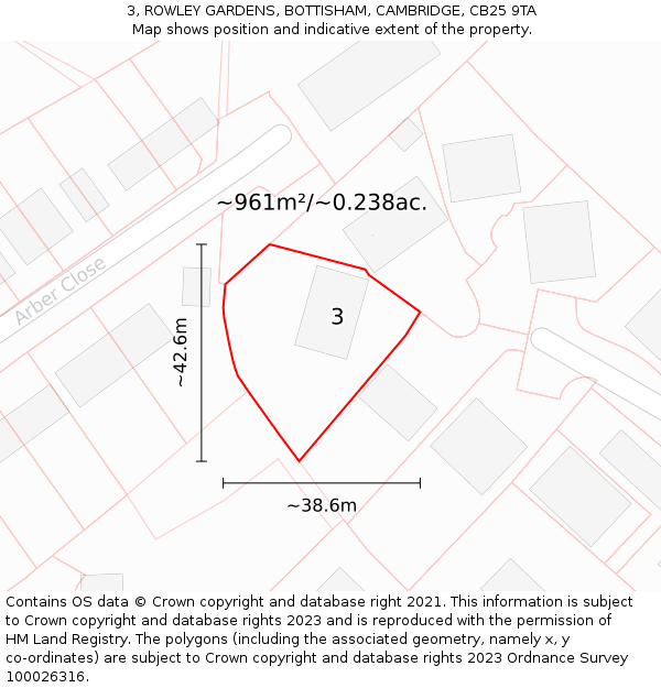 3, ROWLEY GARDENS, BOTTISHAM, CAMBRIDGE, CB25 9TA: Plot and title map