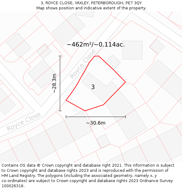 3, ROYCE CLOSE, YAXLEY, PETERBOROUGH, PE7 3QY: Plot and title map