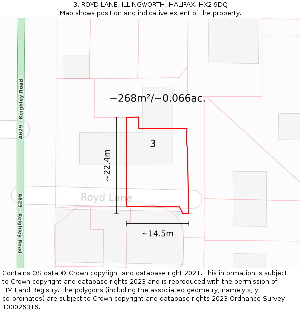 3, ROYD LANE, ILLINGWORTH, HALIFAX, HX2 9DQ: Plot and title map