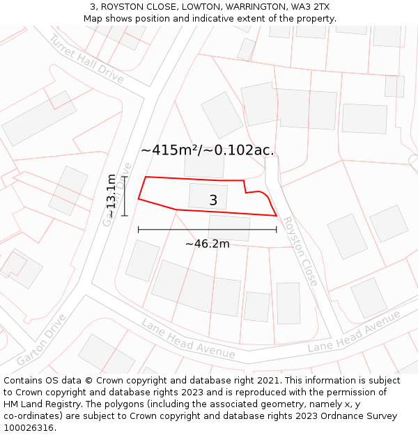 3, ROYSTON CLOSE, LOWTON, WARRINGTON, WA3 2TX: Plot and title map