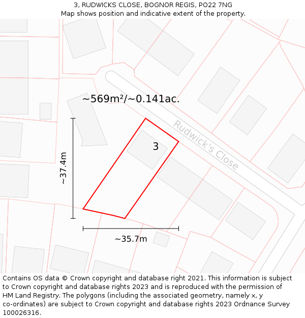 3, RUDWICKS CLOSE, BOGNOR REGIS, PO22 7NG: Plot and title map