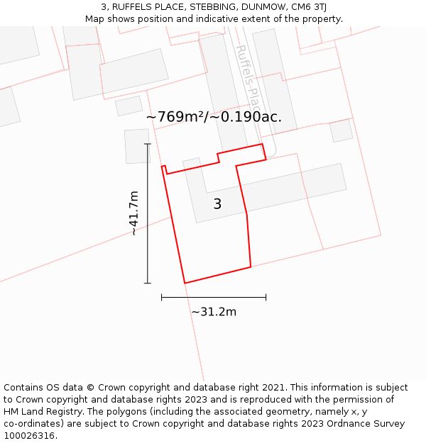 3, RUFFELS PLACE, STEBBING, DUNMOW, CM6 3TJ: Plot and title map
