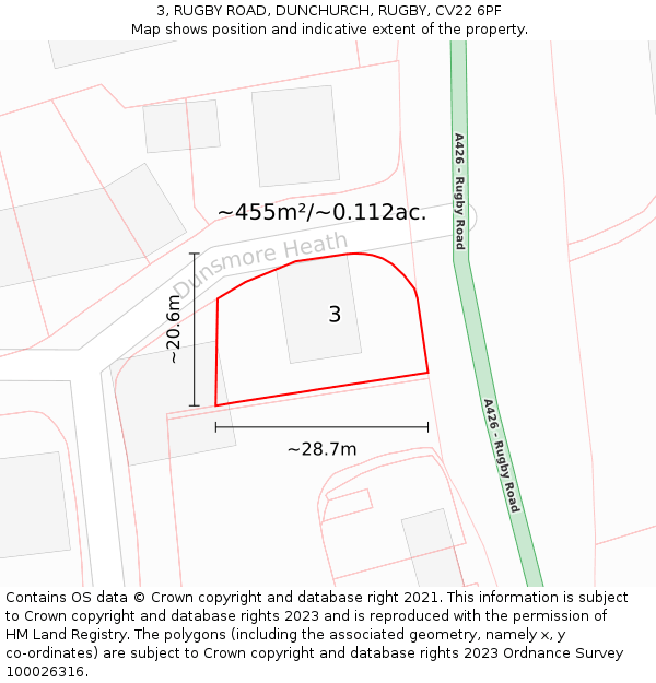 3, RUGBY ROAD, DUNCHURCH, RUGBY, CV22 6PF: Plot and title map