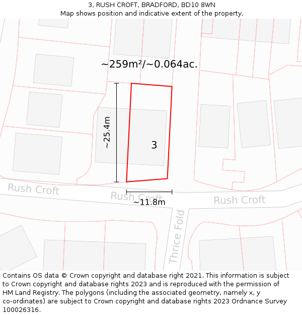 3, RUSH CROFT, BRADFORD, BD10 8WN: Plot and title map