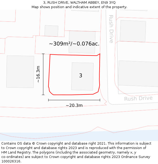 3, RUSH DRIVE, WALTHAM ABBEY, EN9 3YQ: Plot and title map