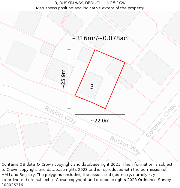 3, RUSKIN WAY, BROUGH, HU15 1GW: Plot and title map