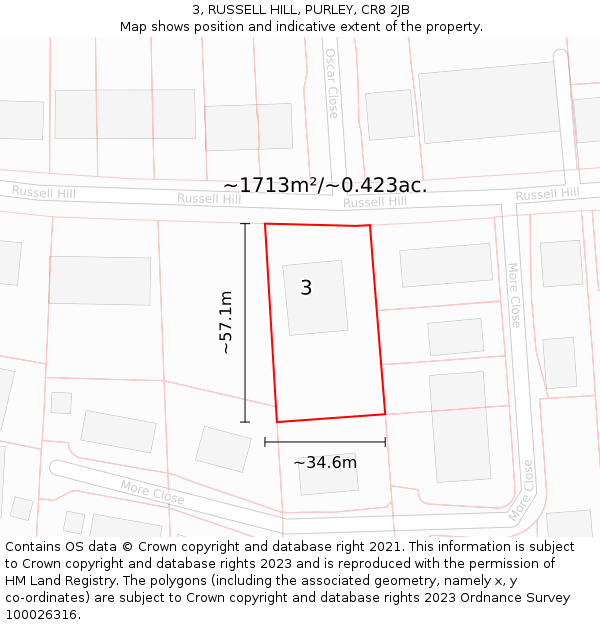 3, RUSSELL HILL, PURLEY, CR8 2JB: Plot and title map