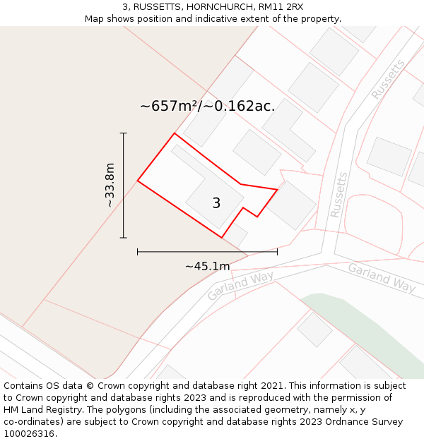 3, RUSSETTS, HORNCHURCH, RM11 2RX: Plot and title map