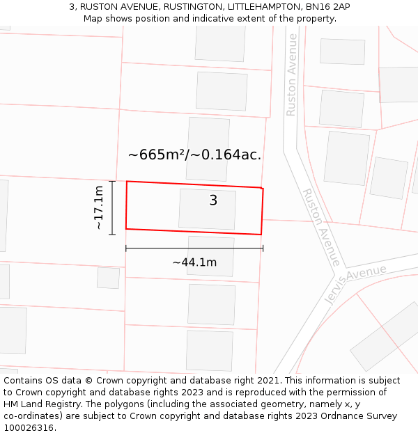 3, RUSTON AVENUE, RUSTINGTON, LITTLEHAMPTON, BN16 2AP: Plot and title map