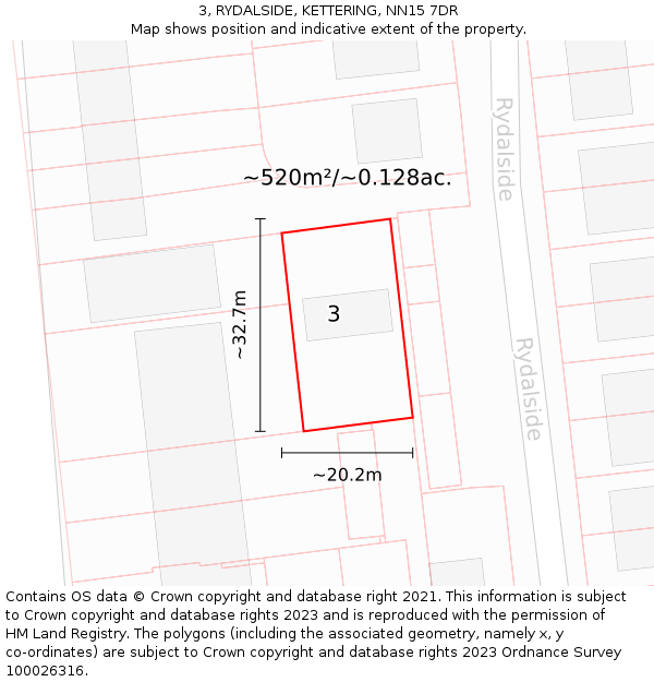 3, RYDALSIDE, KETTERING, NN15 7DR: Plot and title map