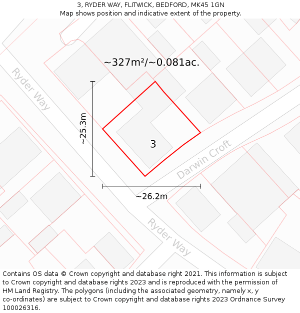 3, RYDER WAY, FLITWICK, BEDFORD, MK45 1GN: Plot and title map