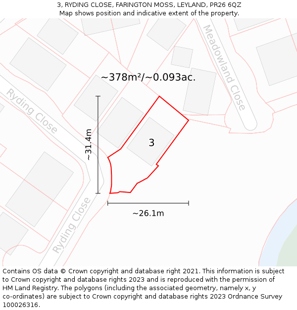 3, RYDING CLOSE, FARINGTON MOSS, LEYLAND, PR26 6QZ: Plot and title map