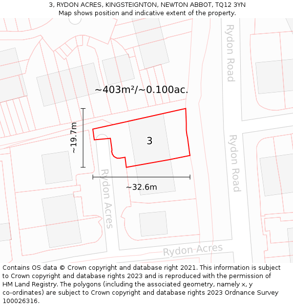 3, RYDON ACRES, KINGSTEIGNTON, NEWTON ABBOT, TQ12 3YN: Plot and title map