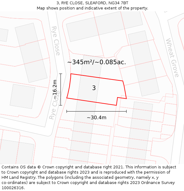 3, RYE CLOSE, SLEAFORD, NG34 7BT: Plot and title map