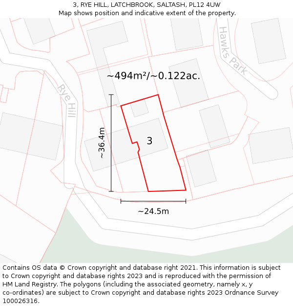 3, RYE HILL, LATCHBROOK, SALTASH, PL12 4UW: Plot and title map