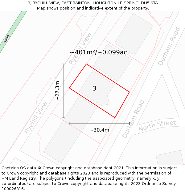 3, RYEHILL VIEW, EAST RAINTON, HOUGHTON LE SPRING, DH5 9TA: Plot and title map