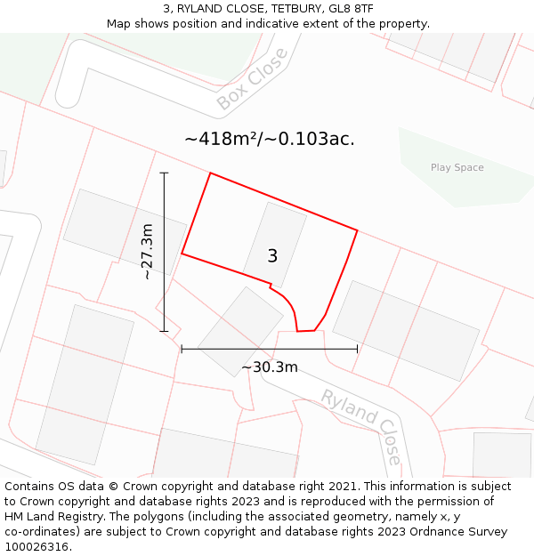 3, RYLAND CLOSE, TETBURY, GL8 8TF: Plot and title map