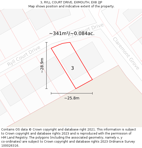 3, RYLL COURT DRIVE, EXMOUTH, EX8 2JP: Plot and title map