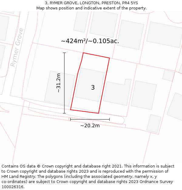 3, RYMER GROVE, LONGTON, PRESTON, PR4 5YS: Plot and title map