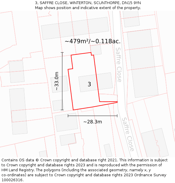 3, SAFFRE CLOSE, WINTERTON, SCUNTHORPE, DN15 9YN: Plot and title map